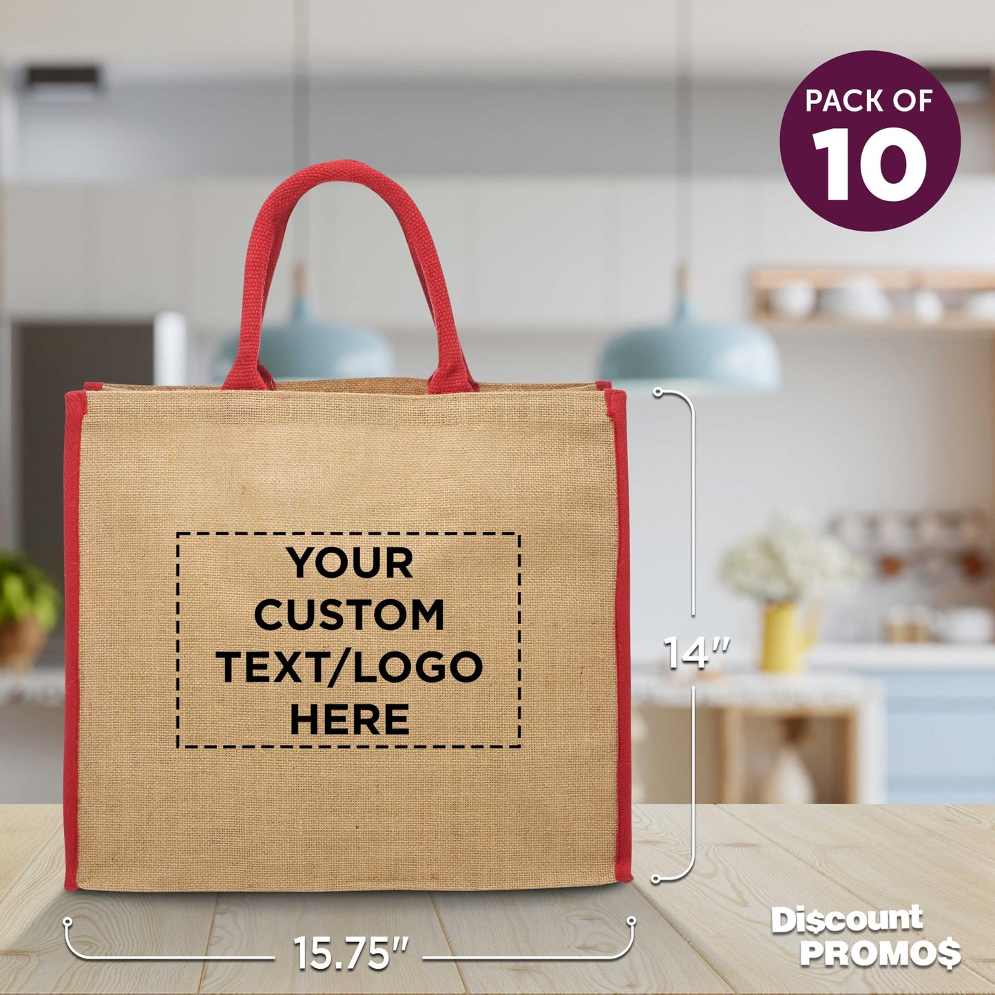 Optima Eco-Friendly Jute Tote Bags - 10 Pack, Customizable