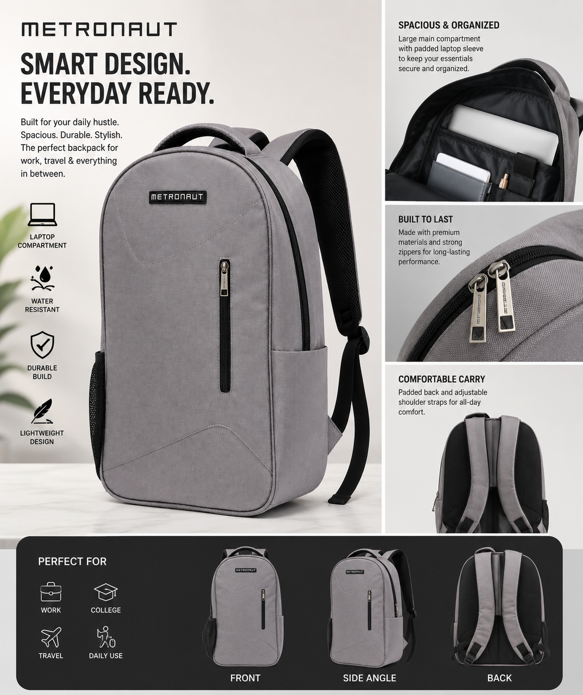 Premium Grey Laptop Backpack 15.6 inch – Water Resistant Office & College Bag | Wholesale Stock Lot (MOQ 25 Pieces)