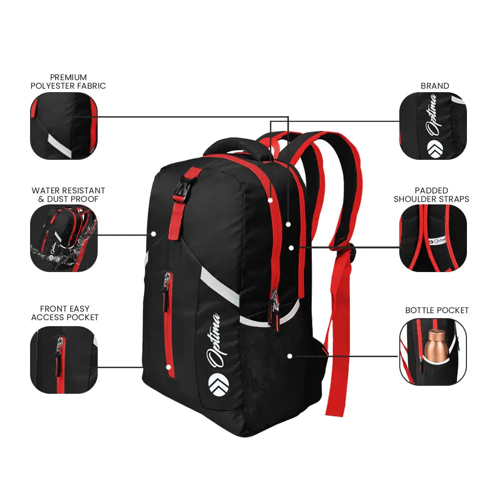 Optima Casual Backpack 28L, 2 Main Compartments, Bottle Pocket, Front Pocket, Padded Shoulder Strap(Red) Optima