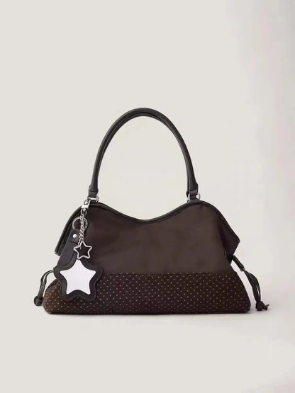Y2K Polka Dot Suede Storage Bags Women Brown Slouchy Tote Drawstring Design Magnetic Buckle Underarm Bag With Star Pendant