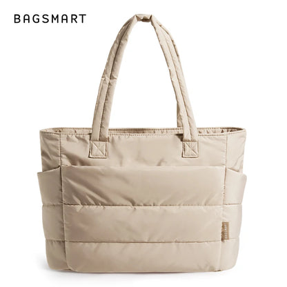 BAGSMART Lightweight Puffy Quilted Tote Bag Quilted Women's Shoulder Bag Handbag Travel Work Gym Tote Bag with Compartments