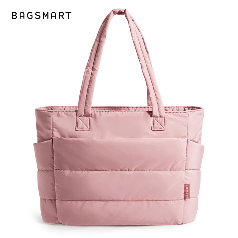 BAGSMART Lightweight Puffy Quilted Tote Bag Quilted Women's Shoulder Bag Handbag Travel Work Gym Tote Bag with Compartments