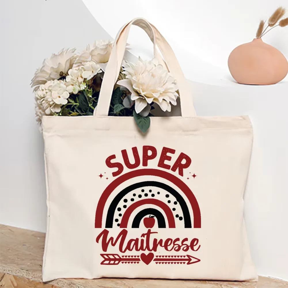 Super Atsem Maitresse Printed Tote Bag Teacher Life Shopping Bags Travel Handbags Teacher's Day Graduate Thanks Gift for Teacher