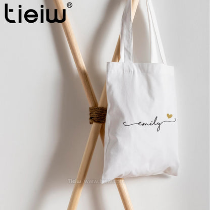 Custom Tote Bag With Name And Heart Personalized Canvas Shopping Bag Eco-Friendly Gift For Bridesmaid Wedding And Birthday
