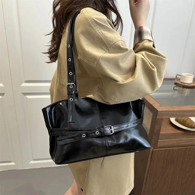 Solid-color Versatile Tote Bag for Women High-quality Suede Buckle-designed Bucket Commuter Bag