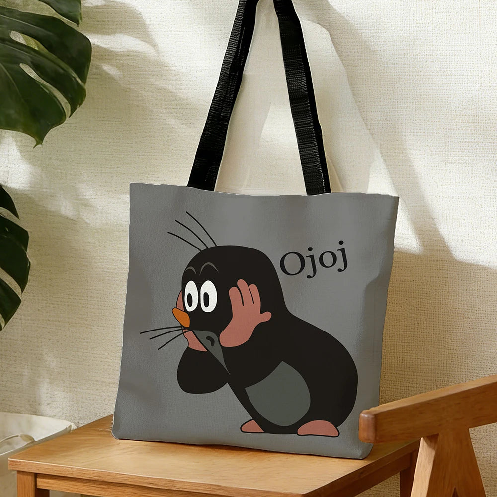 1 Pcs Cute Mole Cartoon Tote Bag - Reusable Large Capacity Shopping Bag for Daily Use, Grocery, Travel & Work (Gray)