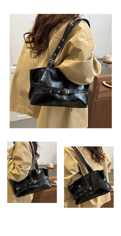 Solid-color Versatile Tote Bag for Women High-quality Suede Buckle-designed Bucket Commuter Bag