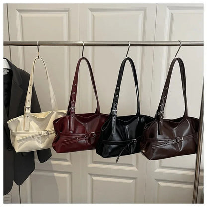 Solid-color Versatile Tote Bag for Women High-quality Suede Buckle-designed Bucket Commuter Bag