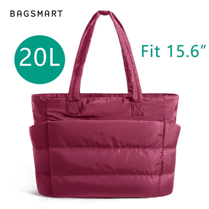 BAGSMART Lightweight Puffy Quilted Tote Bag Quilted Women's Shoulder Bag Handbag Travel Work Gym Tote Bag with Compartments