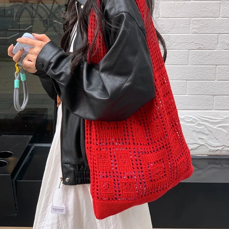 Simple Crochet Tote Bags Fashion Hollow Knitted Women's Bags Casual Female Shoulder Bags Ladies Shopping Top-Handle