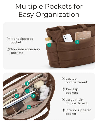 BAGSMART Lightweight Puffy Quilted Tote Bag Quilted Women's Shoulder Bag Handbag Travel Work Gym Tote Bag with Compartments