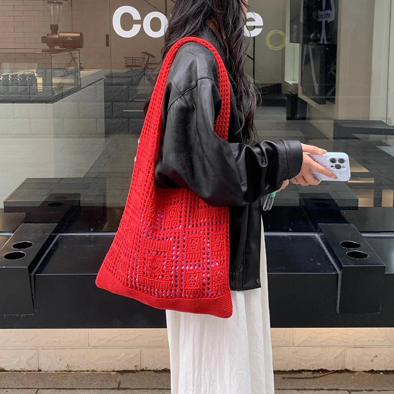 Simple Crochet Tote Bags Fashion Hollow Knitted Women's Bags Casual Female Shoulder Bags Ladies Shopping Top-Handle