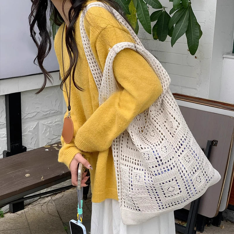 Simple Crochet Tote Bags Fashion Hollow Knitted Women's Bags Casual Female Shoulder Bags Ladies Shopping Top-Handle