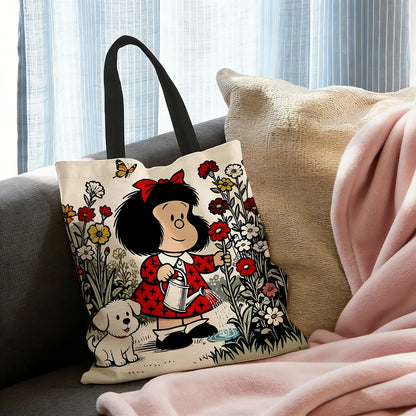 1pc Vintage Cartoon Girl and Puppy Gardening Tote Bag Featuring a cute watering scene, vibrant red accents and butterfly details