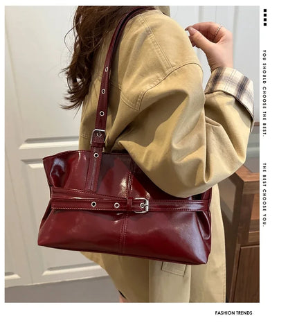 Solid-color Versatile Tote Bag for Women High-quality Suede Buckle-designed Bucket Commuter Bag