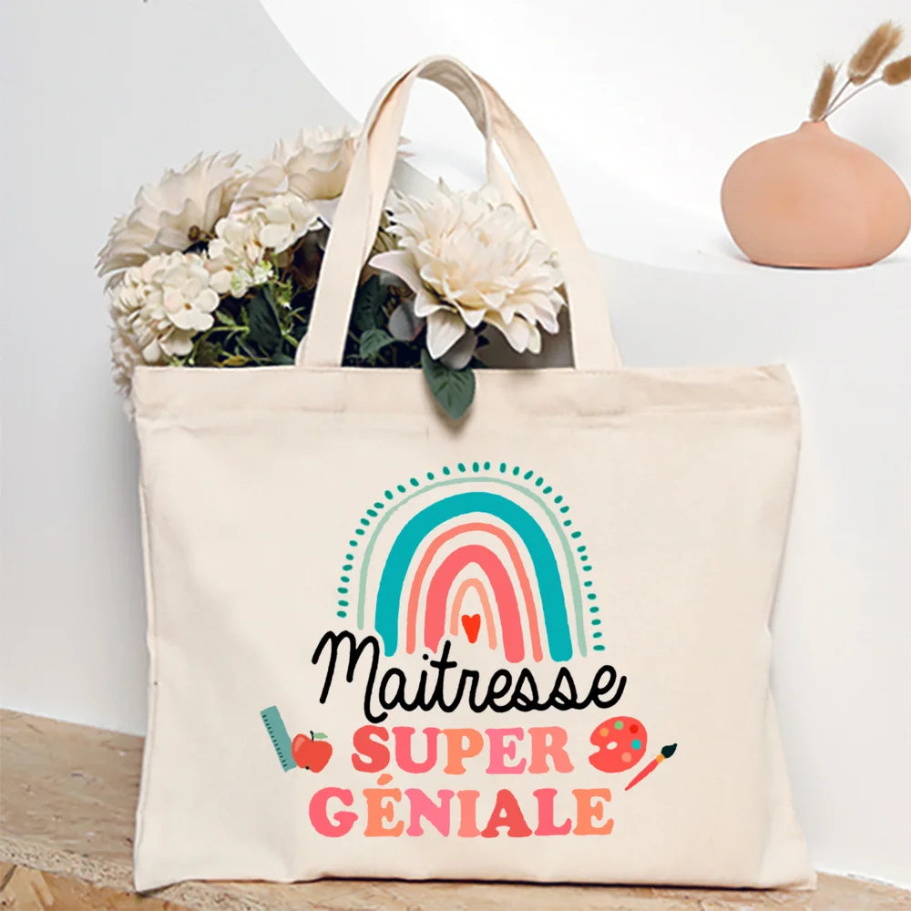 Super Atsem Maitresse Printed Tote Bag Teacher Life Shopping Bags Travel Handbags Teacher's Day Graduate Thanks Gift for Teacher