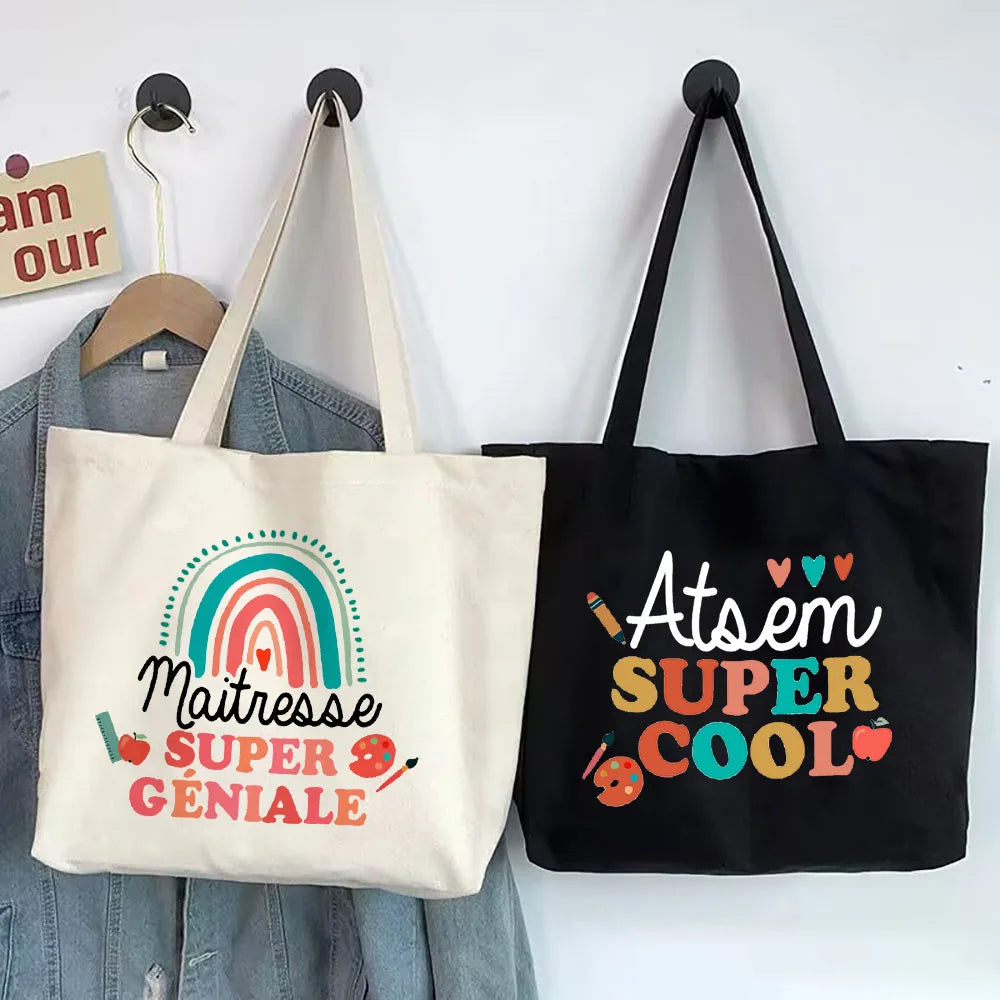 Super Atsem Maitresse Printed Tote Bag Teacher Life Shopping Bags Travel Handbags Teacher's Day Graduate Thanks Gift for Teacher