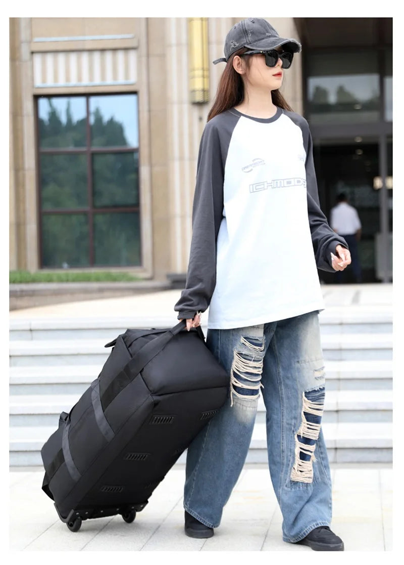 80L Rolling Duffle Bag with Wheels 31" Heavy-Duty Foldable Travel Duffel Bag Water-Resistant Wheeled Luggage with Shoulder Strap