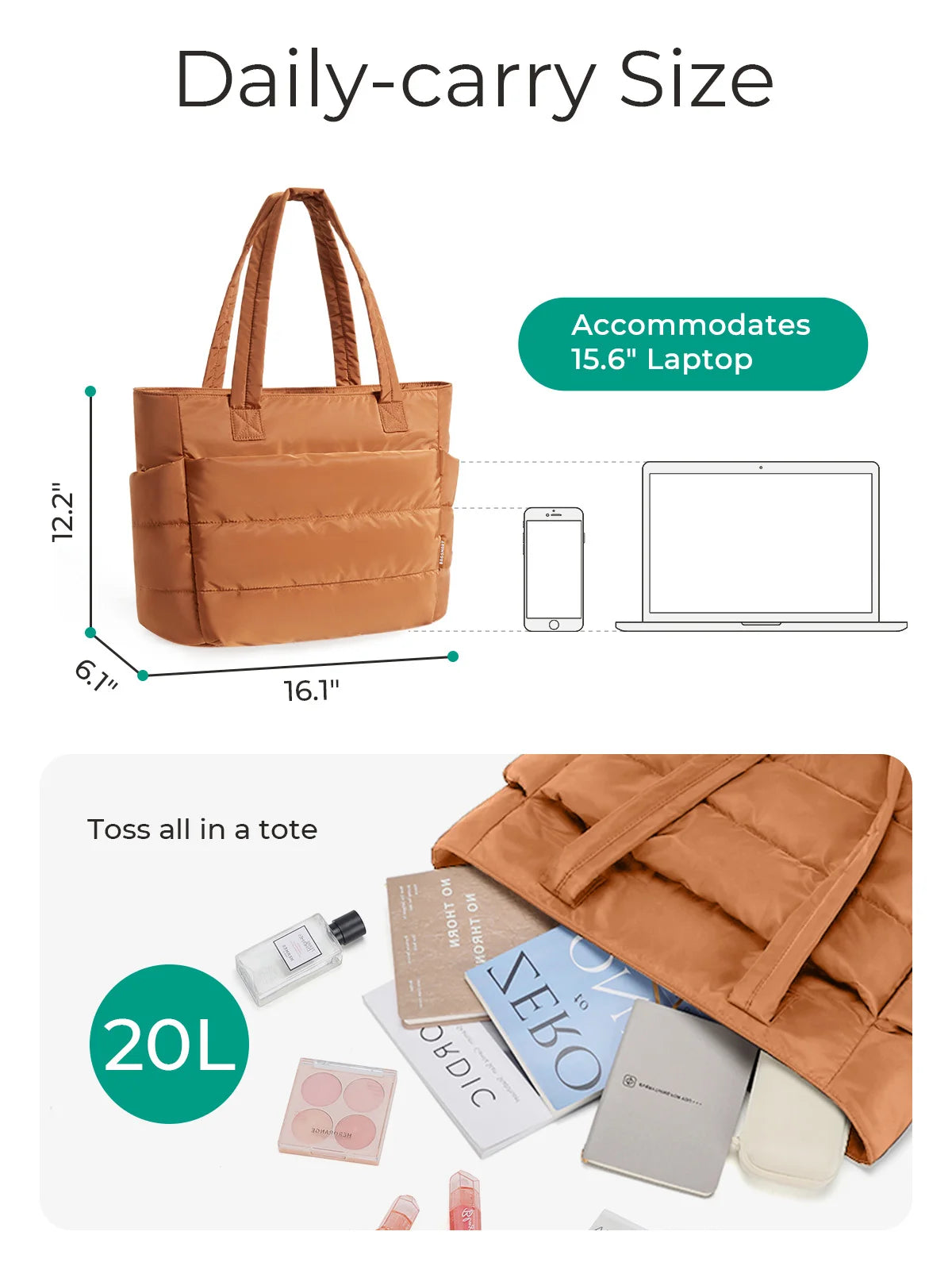 BAGSMART Lightweight Puffy Quilted Tote Bag Quilted Women's Shoulder Bag Handbag Travel Work Gym Tote Bag with Compartments