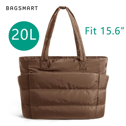 BAGSMART Lightweight Puffy Quilted Tote Bag Quilted Women's Shoulder Bag Handbag Travel Work Gym Tote Bag with Compartments