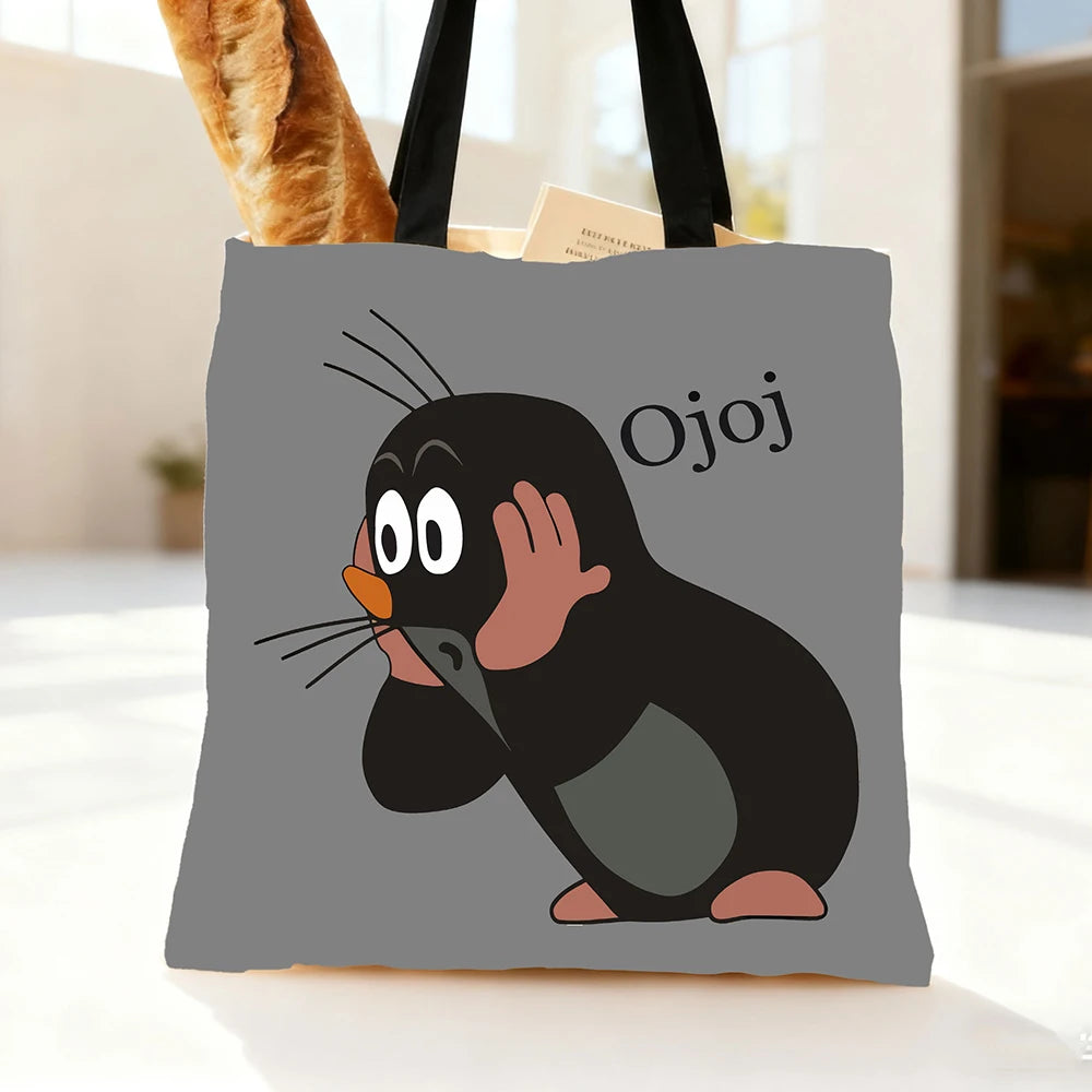 1 Pcs Cute Mole Cartoon Tote Bag - Reusable Large Capacity Shopping Bag for Daily Use, Grocery, Travel & Work (Gray)