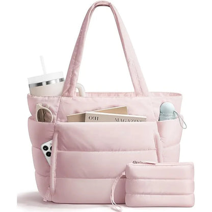 Trendy Quilted Tote Bag for Women Multi Compartment Zip Top Handbag Urban Stylish Daily Use Short Trip bags for women