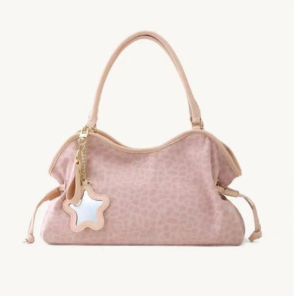 Y2K Polka Dot Suede Storage Bags Women Brown Slouchy Tote Drawstring Design Magnetic Buckle Underarm Bag With Star Pendant