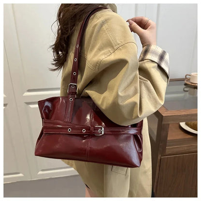 Solid-color Versatile Tote Bag for Women High-quality Suede Buckle-designed Bucket Commuter Bag