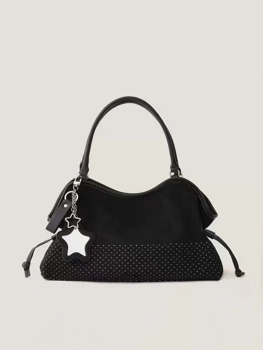 Y2K Polka Dot Suede Storage Bags Women Brown Slouchy Tote Drawstring Design Magnetic Buckle Underarm Bag With Star Pendant