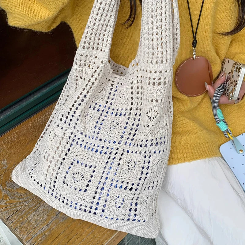 Simple Crochet Tote Bags Fashion Hollow Knitted Women's Bags Casual Female Shoulder Bags Ladies Shopping Top-Handle