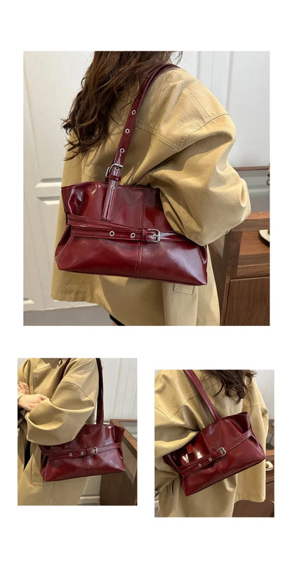 Solid-color Versatile Tote Bag for Women High-quality Suede Buckle-designed Bucket Commuter Bag