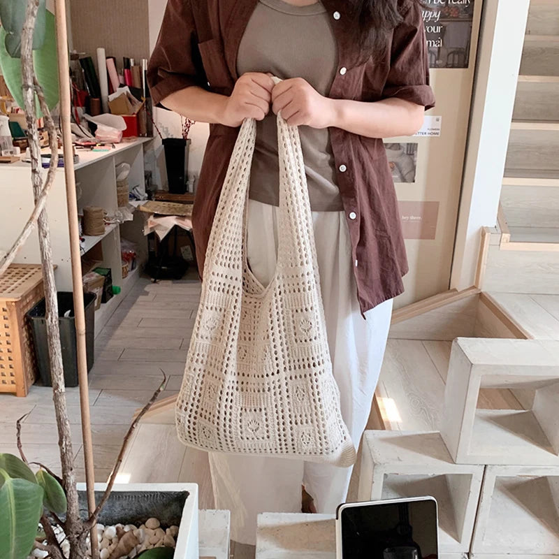 Simple Crochet Tote Bags Fashion Hollow Knitted Women's Bags Casual Female Shoulder Bags Ladies Shopping Top-Handle