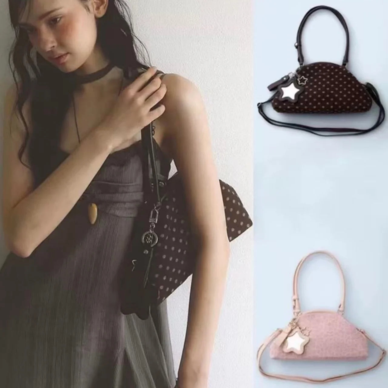 Y2K Polka Dot Suede Storage Bags Women Brown Slouchy Tote Drawstring Design Magnetic Buckle Underarm Bag With Star Pendant