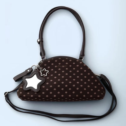 Y2K Polka Dot Suede Storage Bags Women Brown Slouchy Tote Drawstring Design Magnetic Buckle Underarm Bag With Star Pendant