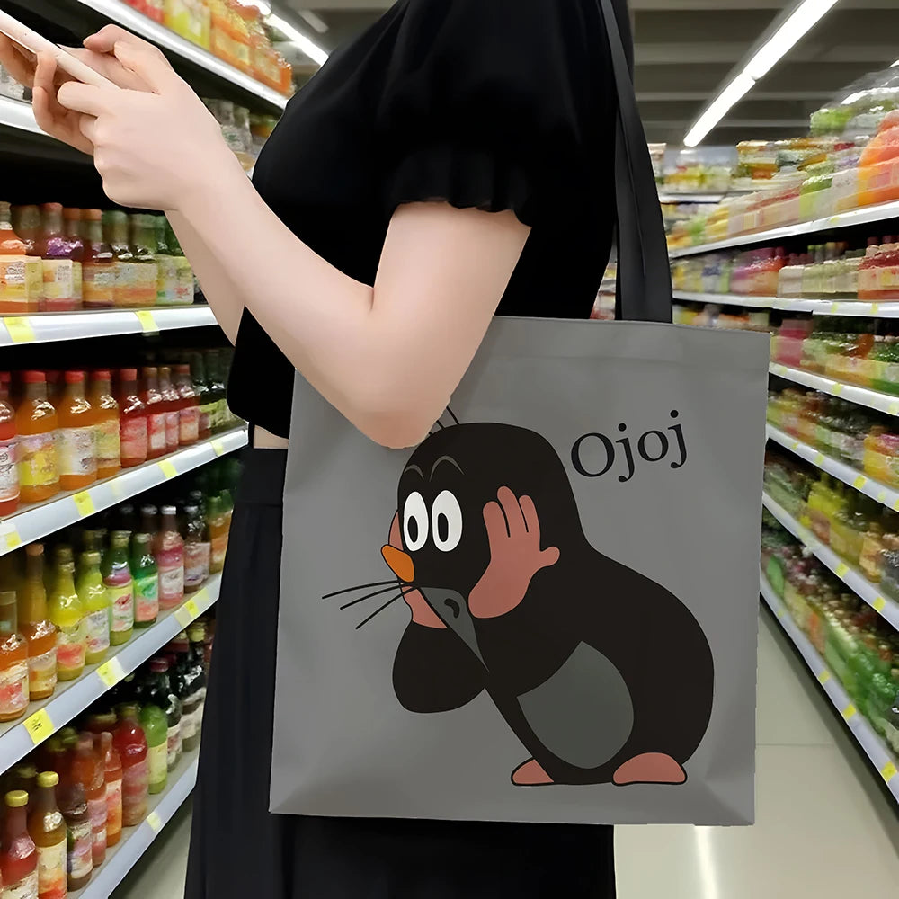 1 Pcs Cute Mole Cartoon Tote Bag - Reusable Large Capacity Shopping Bag for Daily Use, Grocery, Travel & Work (Gray)