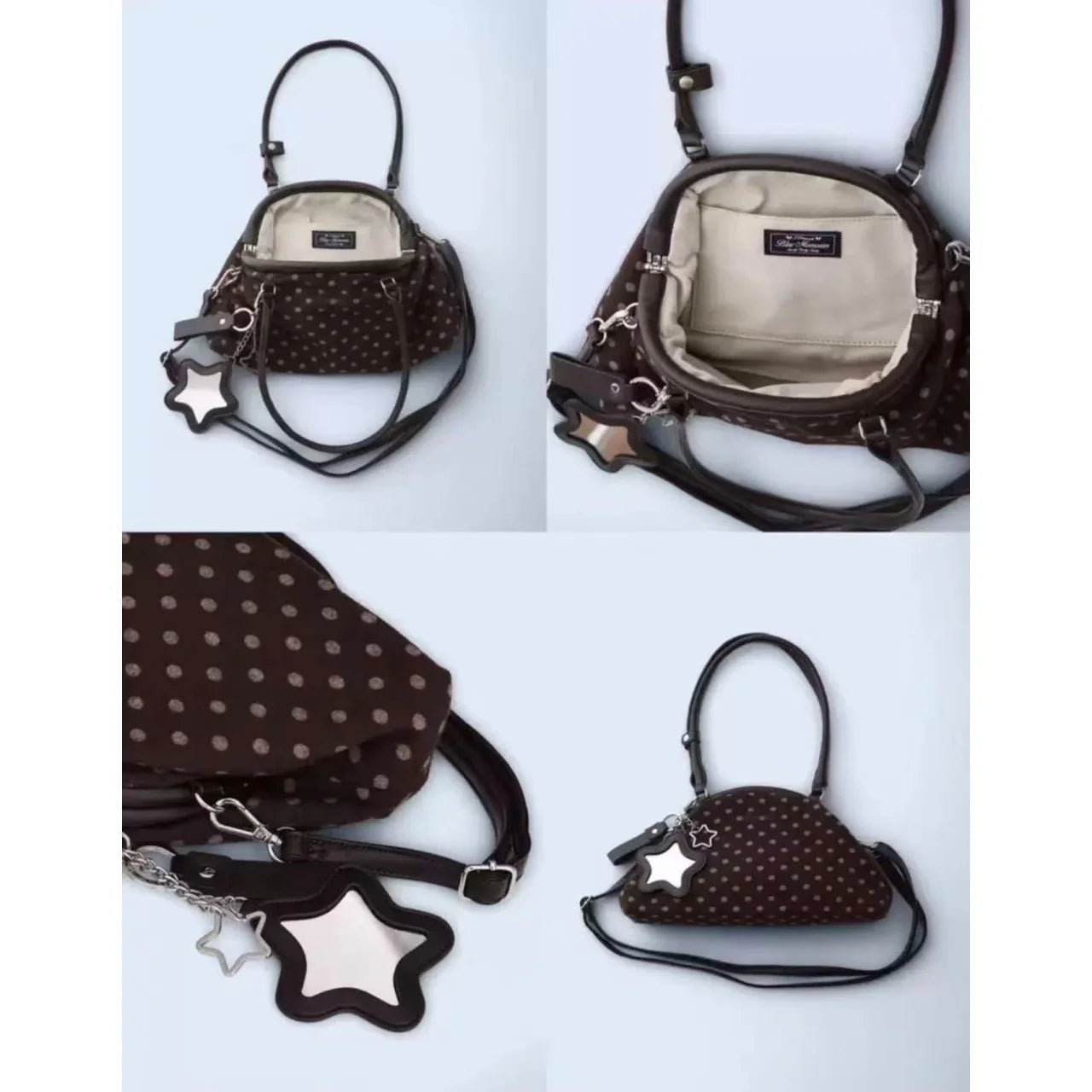 Y2K Polka Dot Suede Storage Bags Women Brown Slouchy Tote Drawstring Design Magnetic Buckle Underarm Bag With Star Pendant