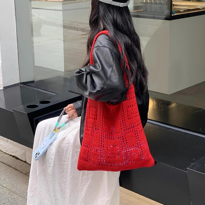 Simple Crochet Tote Bags Fashion Hollow Knitted Women's Bags Casual Female Shoulder Bags Ladies Shopping Top-Handle