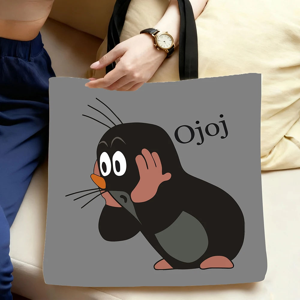 1 Pcs Cute Mole Cartoon Tote Bag - Reusable Large Capacity Shopping Bag for Daily Use, Grocery, Travel & Work (Gray)