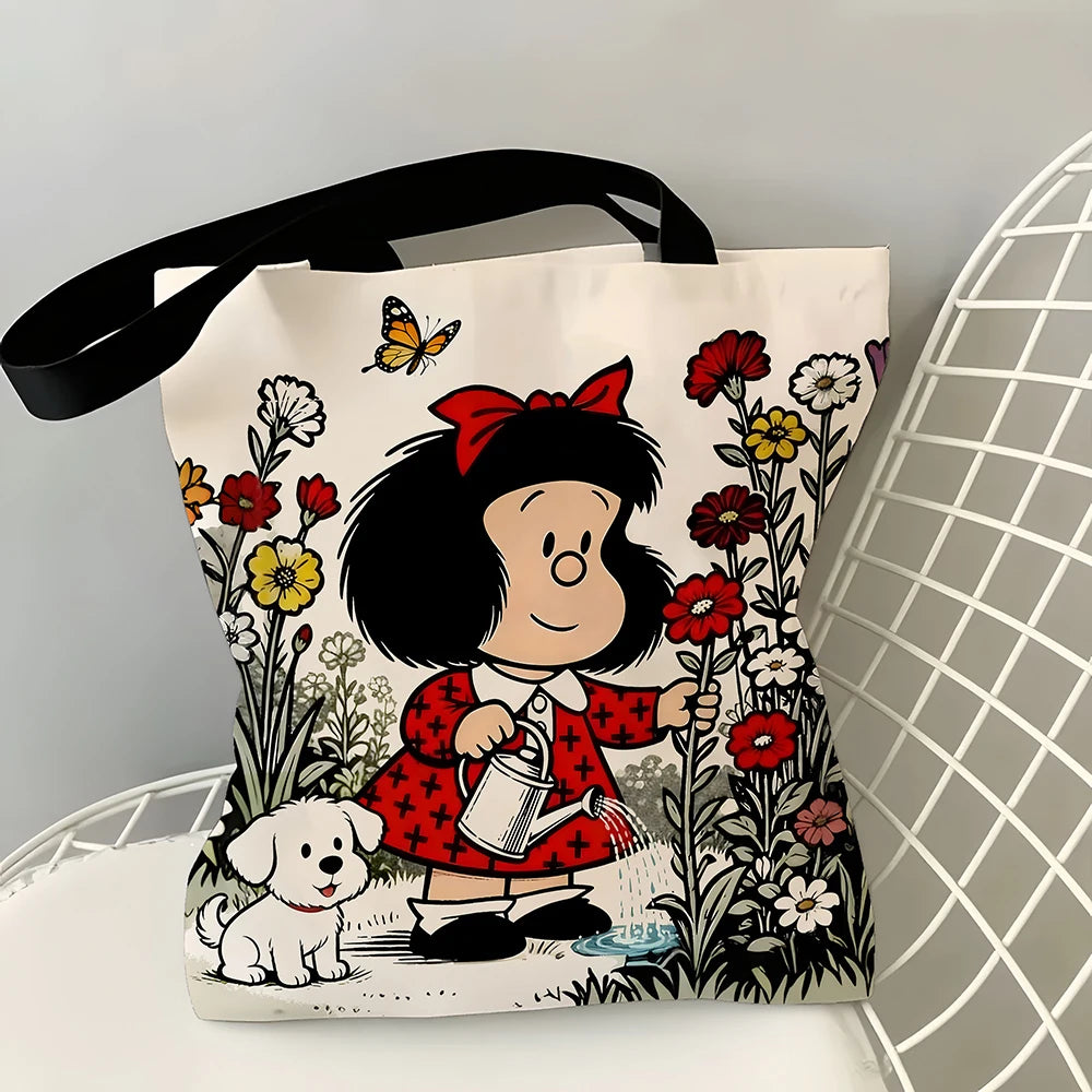 1pc Vintage Cartoon Girl and Puppy Gardening Tote Bag Featuring a cute watering scene, vibrant red accents and butterfly details