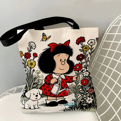 1pc Vintage Cartoon Girl and Puppy Gardening Tote Bag Featuring a cute watering scene, vibrant red accents and butterfly details