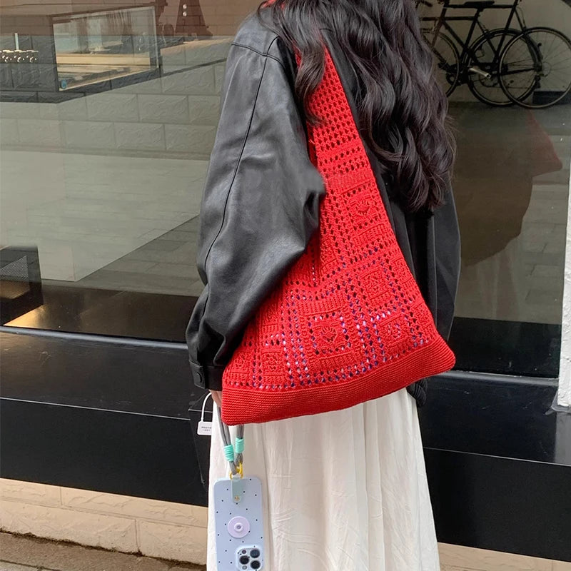 Simple Crochet Tote Bags Fashion Hollow Knitted Women's Bags Casual Female Shoulder Bags Ladies Shopping Top-Handle