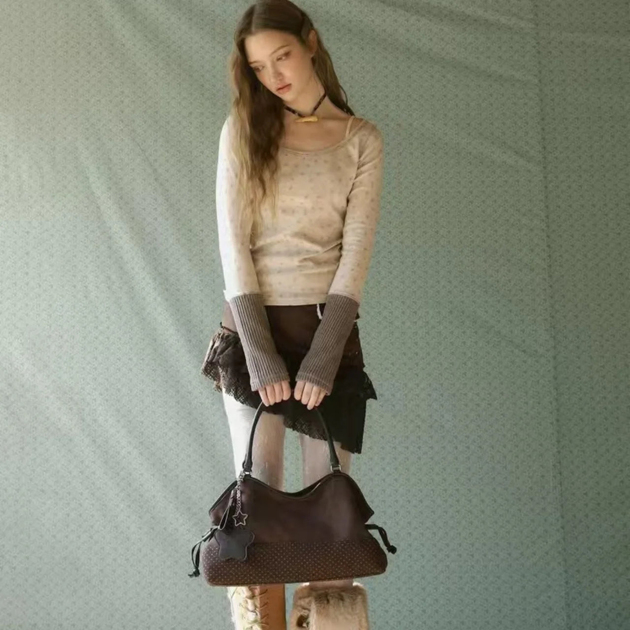 Y2K Polka Dot Suede Storage Bags Women Brown Slouchy Tote Drawstring Design Magnetic Buckle Underarm Bag With Star Pendant