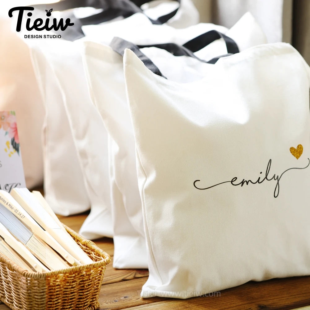 Custom Tote Bag With Name And Heart Personalized Canvas Shopping Bag Eco-Friendly Gift For Bridesmaid Wedding And Birthday