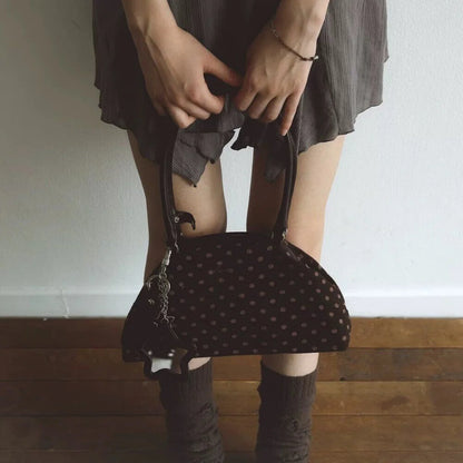 Y2K Polka Dot Suede Storage Bags Women Brown Slouchy Tote Drawstring Design Magnetic Buckle Underarm Bag With Star Pendant