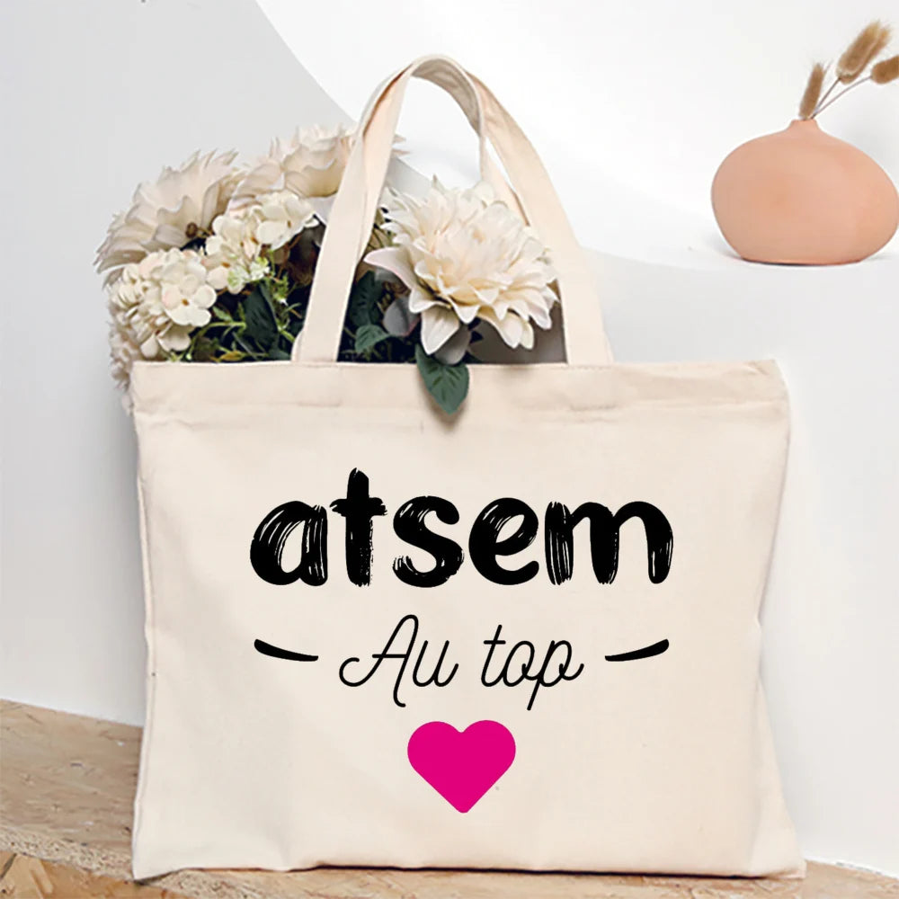 Super Atsem Maitresse Printed Tote Bag Teacher Life Shopping Bags Travel Handbags Teacher's Day Graduate Thanks Gift for Teacher