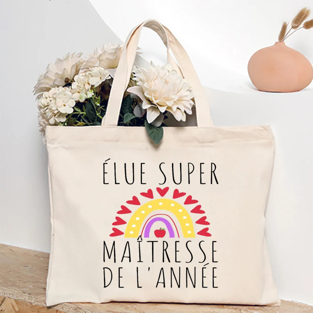 Super Atsem Maitresse Printed Tote Bag Teacher Life Shopping Bags Travel Handbags Teacher's Day Graduate Thanks Gift for Teacher