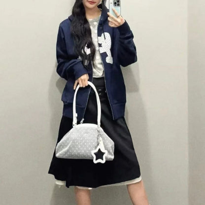 Y2K Polka Dot Suede Storage Bags Women Brown Slouchy Tote Drawstring Design Magnetic Buckle Underarm Bag With Star Pendant