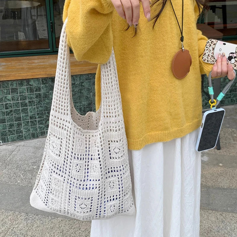 Simple Crochet Tote Bags Fashion Hollow Knitted Women's Bags Casual Female Shoulder Bags Ladies Shopping Top-Handle