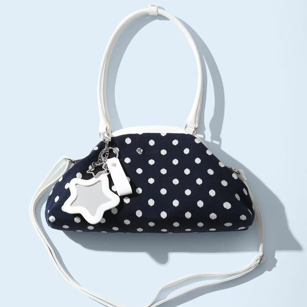 Y2K Polka Dot Suede Storage Bags Women Brown Slouchy Tote Drawstring Design Magnetic Buckle Underarm Bag With Star Pendant