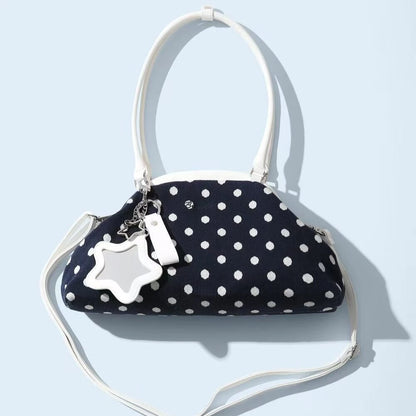 Y2K Polka Dot Suede Storage Bags Women Brown Slouchy Tote Drawstring Design Magnetic Buckle Underarm Bag With Star Pendant